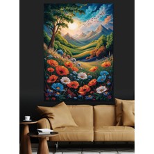 Renkli Çiçekler ve Manzara Dekoratif Kanvas - Mdf Ahşap Tablo