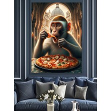 Pizza Yiyen Maymun Dekoratif Kanvas - Mdf Ahşap Tablo