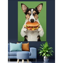 Hamburger Yiyen Köpek Dekoratif Kanvas - Mdf Ahşap Tablo