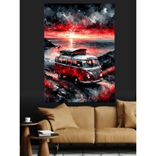 Retro Kırmızı Minibüs Dekoratif Kanvas - Mdf Ahşap Tablo