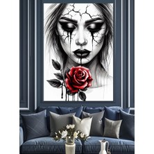 Kırmızı Gül ve Kadın Dekoratif Kanvas - Mdf Ahşap Tablo