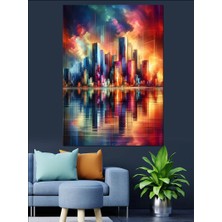 Rengarenk Şehir Gökdelenler Dekoratif Kanvas - Mdf Ahşap Tablo