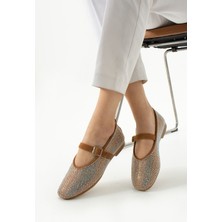 Parıltı Yuvarlak Burun Düz Taban Bant Detaylı Taşlı Günlük Kullanım Babet - Kahverengi