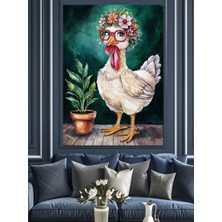 Beyaz Tavuk ve Çiçek Dekoratif Kanvas - Mdf Ahşap Tablo