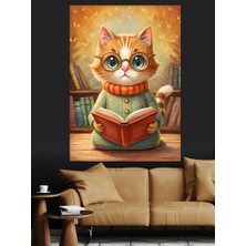 Kitap Okuyan Gözlüklü Kedi Dekoratif Kanvas - Mdf Ahşap Tablo