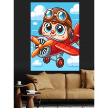 Kırmızı Uçak ve Çocuk Dekoratif Kanvas - Mdf Ahşap Tablo
