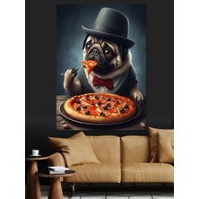Pizza Yiyen Pug Köpek Dekoratif Kanvas - Mdf Ahşap Tablo