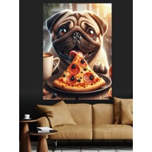 Pizza Yiyen Pug Köpek Dekoratif Kanvas - Mdf Ahşap Tablo