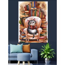 Kitap Okuyan Bot Kedi Dekoratif Kanvas - Mdf Ahşap Tablo