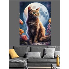 Turuncu Kedi ve Dolunay Dekoratif Kanvas - Mdf Ahşap Tablo