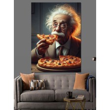 Albert Einstein Pizza Yiyor Dekoratif Kanvas - Mdf Ahşap Tablo