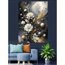 Soyut Beyaz Çiçekler ve Gezegenler Dekoratif Kanvas - Mdf Ahşap Tablo