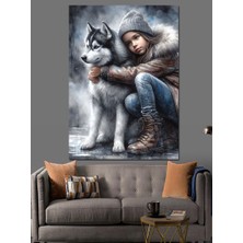 Husky Sibirya Kurdu Köpek ve Çocuk Dekoratif Kanvas - Mdf Ahşap Tablo