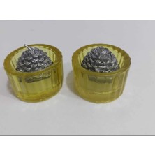 Es Dekor 2'li Sarı Mini 5,5x3,5 cm  Kase Lokumluk Reçellik Tealightlık Mumluk Cam Gümüş Kozalak Tealight Mum