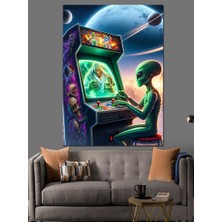 Atari Oynayan Uzaylı Dekoratif Kanvas - Mdf Ahşap Tablo