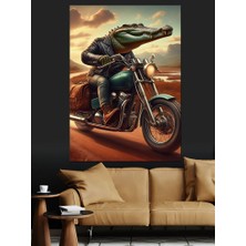 Timsah Motorsikletle Yollarda Dekoratif Kanvas - Mdf Ahşap Tablo