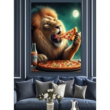Pizza Yiyen Aslan Dekoratif Kanvas - Mdf Ahşap Tablo