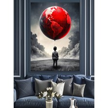 Dünya Şeklinde Uçan Balon ve Çocuk Dekoratif Kanvas - Mdf Ahşap Tablo