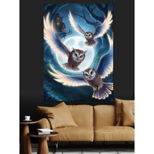 Ağaç Evler ve Sevimli Baykuşlar Dekoratif Kanvas - Mdf Ahşap Tablo