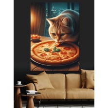 Pizza Yiyen Kedi Dekoratif Kanvas - Mdf Ahşap Tablo