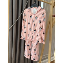 Baby Babyaden Teddy Çizgili Pembe / Mavi Pamuklu Viskon Yumuşacık Önden Düğmeli Kız Erkek Pijama Takımı