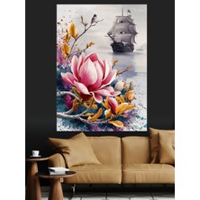 Çiçekler ve Yelkenli Gemi Dekoratif Kanvas - Mdf Ahşap Tablo