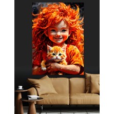 Sarı Kedi ve Kızıl Saçlı Kız Dekoratif Kanvas - Mdf Ahşap Tablo