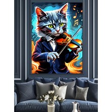 Keman Çalan Kedi Dekoratif Kanvas - Mdf Ahşap Tablo