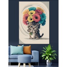 Renkli Çiçekler ve Kedi Dekoratif Kanvas - Mdf Ahşap Tablo