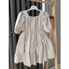 Babyaden Balon Kollu Çizgili Özel Gün Doğum Günü Bayramlık Kloş Bohem Kare Yakalı Kız Çocuk Elbise