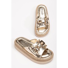 Dilimler Ayakkabı Kadın Taşlı Dolgu Topuk Terlik Gold Metal Tavşan Aksesuarlı