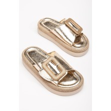 Dilimler Ayakkabı Kadın Taşlı Dolgu Topuk Terlik Gold Taban Taş Detaylı