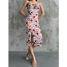 Catpati Karma Desenli Pembe Gofret Göğüs Bağlamalı Askılı Elbise