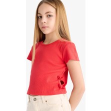 DeFacto Slim Fit Dar Kesim Bisiklet Yaka Fitilli Kaşkorse Kısa Kollu Tişört Kız Çocuk F0306A825SM