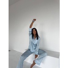 Ipek Saten Pijama Çizgili L - Mavi