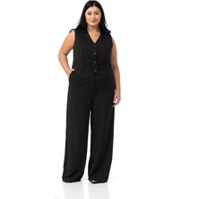 Disentis Modest Büyük Beden Çizgili Yelek Pantolon Siyah Ikili Takım