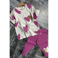 Kız Çocuk Üzeri Kalp Desen ve Paris Yazı Baskılı Kapri Mor Taytlı Takım