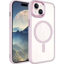 Zore Apple iPhone 15 Plus Kılıf Wireless Şarj Özellikli Krom Magsafe Silikon Kapak-Pembe Açık