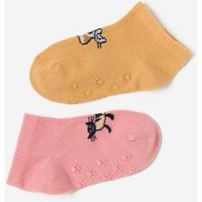 Bebek Kedi Desenli 2'li Step Çorap Pembe-Kahverengi