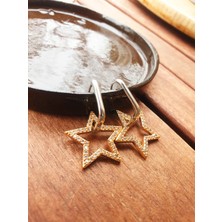 Iki Renkli Zirkon Taş Süslemeli Şık Kadın Yıldız Detaylı Halka Küpe