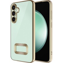 Kzy Samsung Galaxy S24 Plus Kapak Yanları Renkli Lens Korumalı Logo Gösteren Şeffaf Luxury Silikon Kılıf - Gold