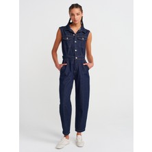 Dilvin 71804 Kolsuz Uzun Denim Tulum-Lacivert