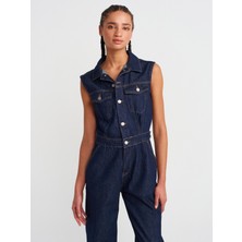 Dilvin 71804 Kolsuz Uzun Denim Tulum-Lacivert