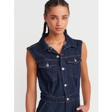 Dilvin 71804 Kolsuz Uzun Denim Tulum-Lacivert