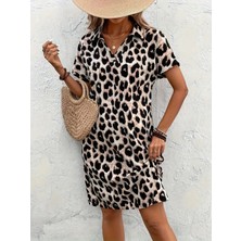 Tanla Butik Kadın Kısa Kollu V Yakalı Leopar Desenli Atlas Kısa Elbise