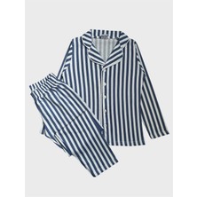 Erkek Çocuk %100 Pamuklu Mavi Beyaz Çizgili Gömlek Yaka Boydan Düğmeli Uzun Kollu Pijama Takımı