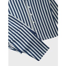 Erkek Çocuk %100 Pamuklu Mavi Beyaz Çizgili Gömlek Yaka Boydan Düğmeli Uzun Kollu Pijama Takımı
