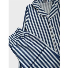 Erkek Çocuk %100 Pamuklu Mavi Beyaz Çizgili Gömlek Yaka Boydan Düğmeli Uzun Kollu Pijama Takımı