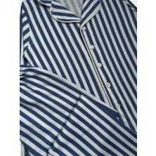 Erkek Çocuk %100 Pamuklu Mavi Beyaz Çizgili Gömlek Yaka Boydan Düğmeli Uzun Kollu Pijama Takımı