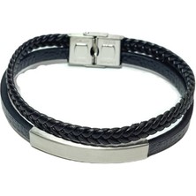 JTSS25DEB1506 Saç Örgü ve Düz Deri Gümüş Gri Çelik Aparatlı ve Çelik Kapama Siyah Janti Deri Bileklik